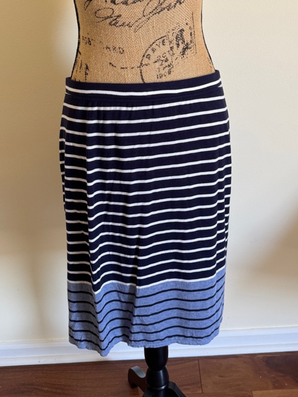 Max Studio Navy and White Striped Midi Skirt with Blue Hem